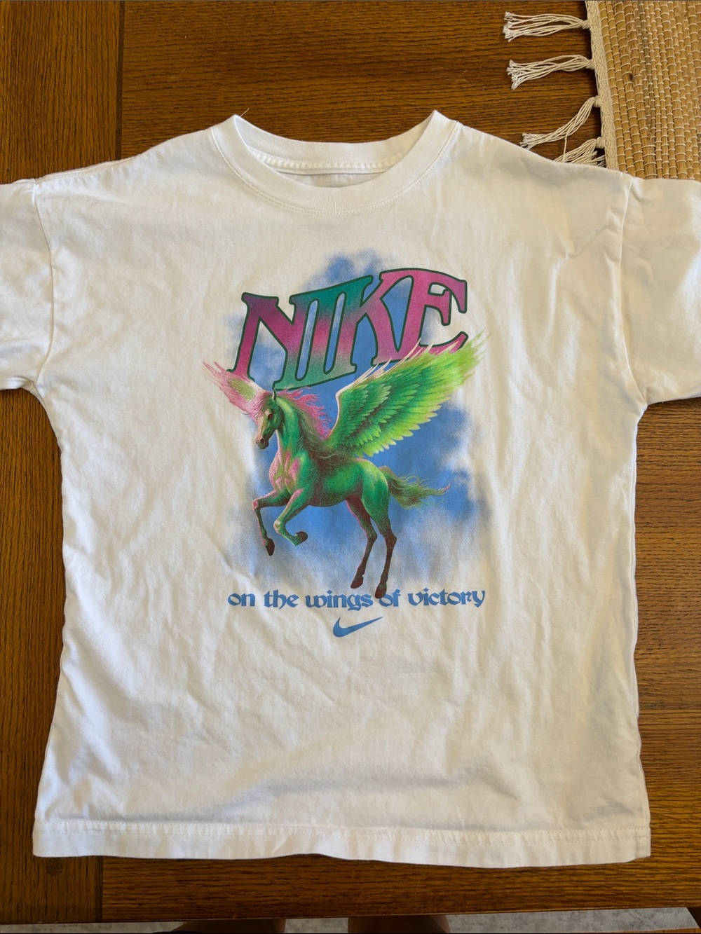 Nike White Tee with Neon Green & Pink Pegasus Graphic
